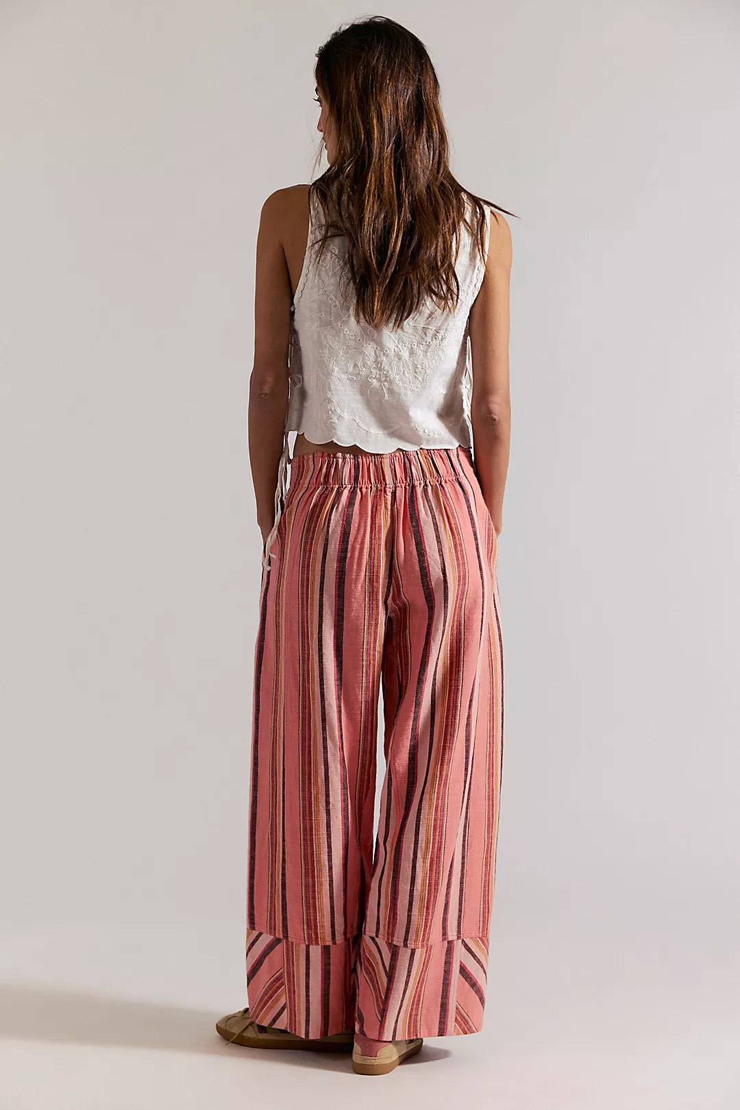 Free People Day's End Linen Striped Pull-on Pants in Soft Coral Combo