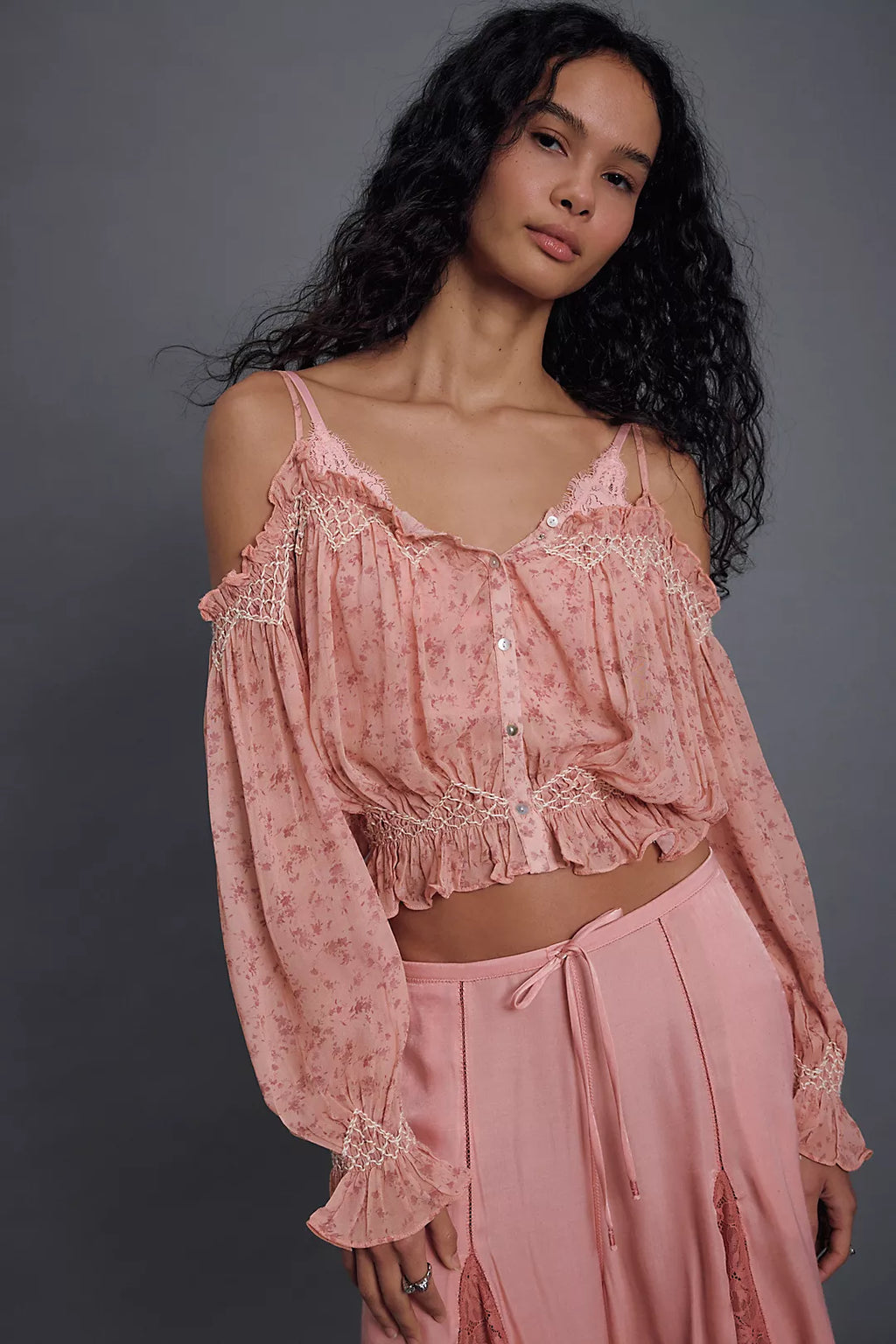 Free People Marlow Smocked Blouse - Pink Combo