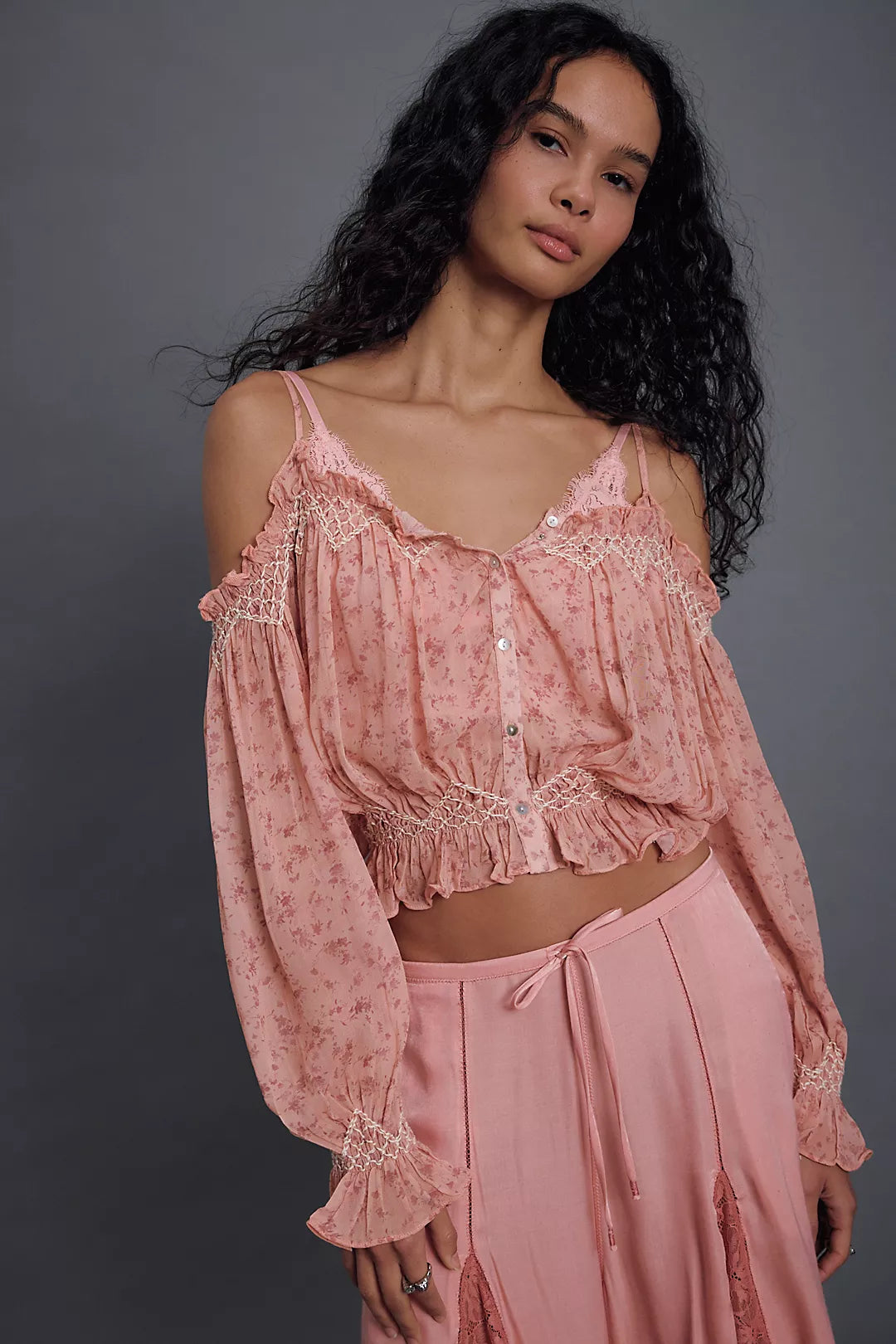 Free People Marlow Smocked Blouse - Pink Combo