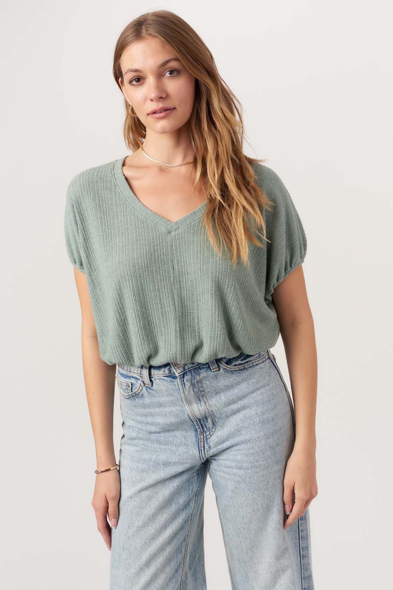 Project Social T Cerise V-Neck Bubble Rib Tee - Chameleon