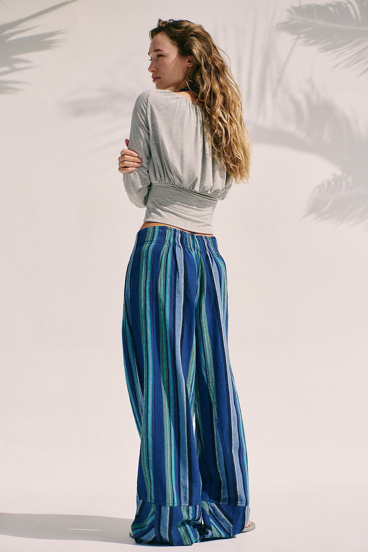 Free People Day's End Linen Striped Pull-On Pants - Navy Combo