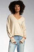 Elan Sweater V Neck Slit Women's Sweater in Oatmeal