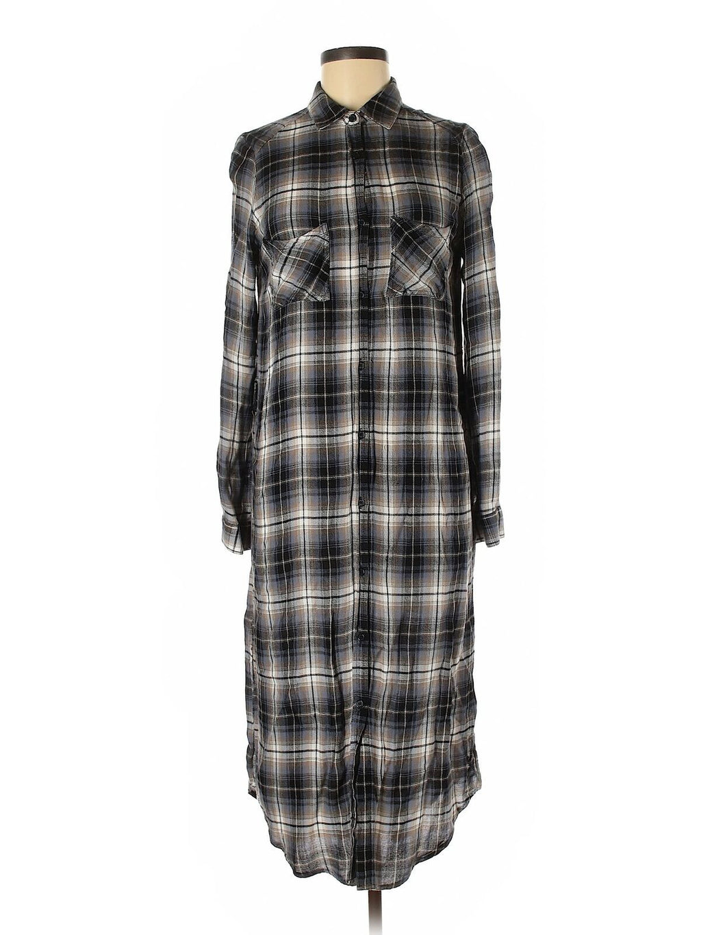 Elan Midi L/S Brown Plaid Button Up Women's Dress