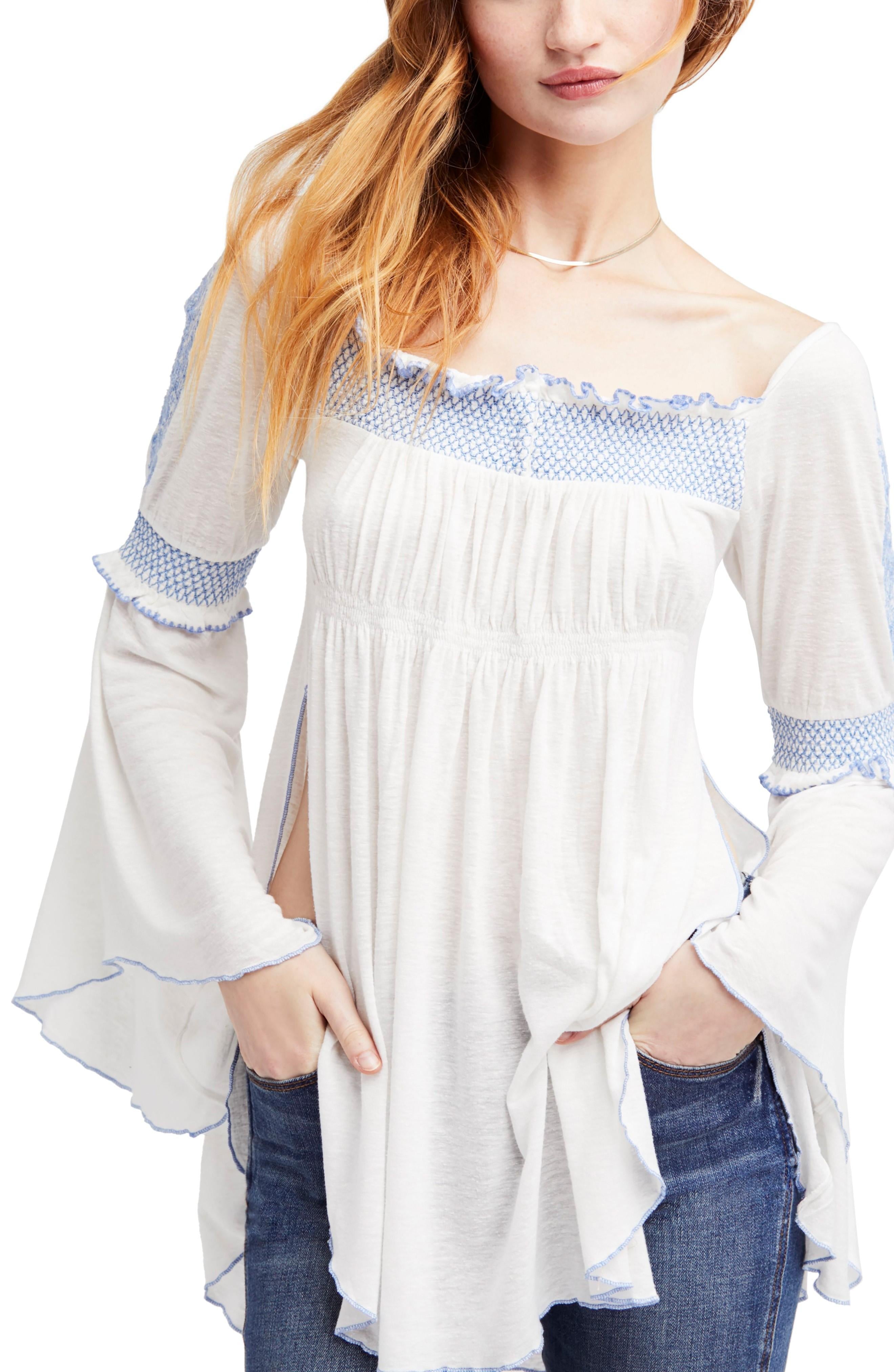 Free People Women's Small Valley Side Embroidered Tunic Top Whites