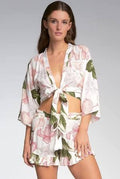 Elan Floral Tie Front Bell Sleeve Flower Top