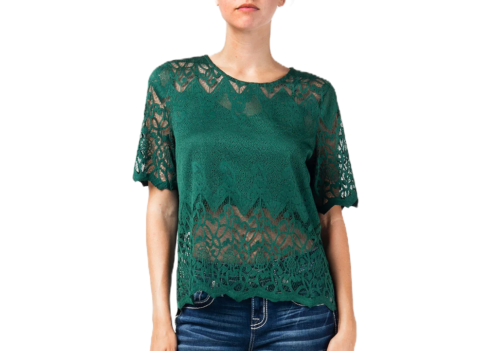 Miss Me Lace Short Sleeve Top Hunter Green