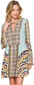 Free People New Women's Tegan Border Printed Mini Dress V-Neck Rayon Blue